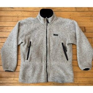 VINTAGE Alpine Design Jacket Mens Cream Full Zip Sherpa Deep Pile Fleece USA 90s